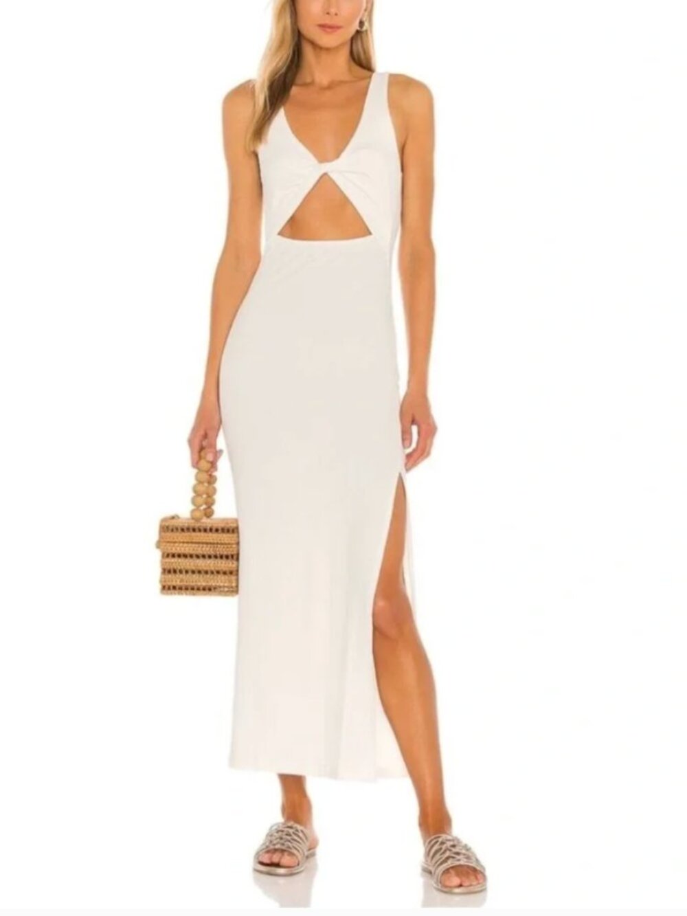 LSPACE Nico Cutout Maxi Dress Small White Knit Stretch Revolve Vacation Split